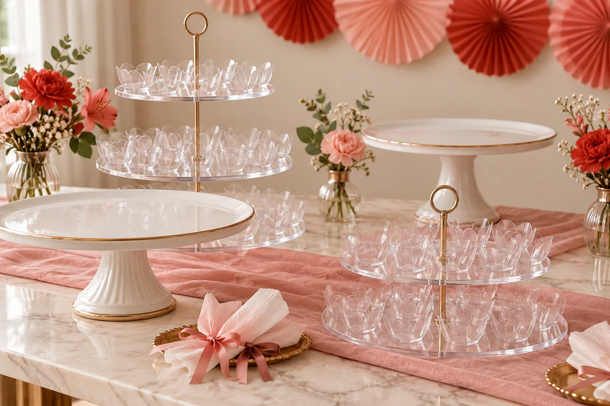 Mesa de festa decorada com suportes e forminhas vazias à espera dos doces
